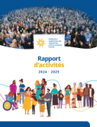 page couverture rapport activités 2024-2025 Page couverture du rapport d'activités sur laquelle les membres sont posés. Des bonhommes illustrent également différentes familles.